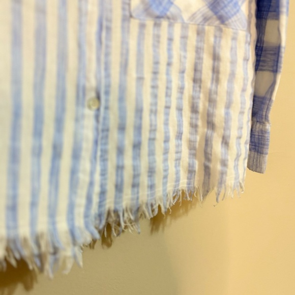 Entro Blue & White Plaid & Stripe Colour Blocked Cotton Button Up Shirt - Picture 8 of 13